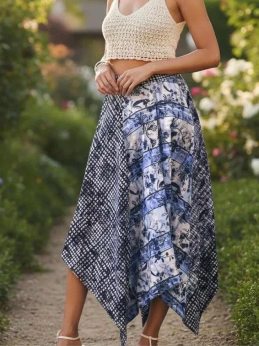 NWOT Anthropologie Pilcro Blue Floral Patchwork Handkerchief-Hem Skirt
